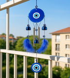 Sigaram 18 Inch Blue Evil Eye Chime Hanging with 2 Feather Tubes & 3 Bells for Balcony, Home & Room Decor K4890