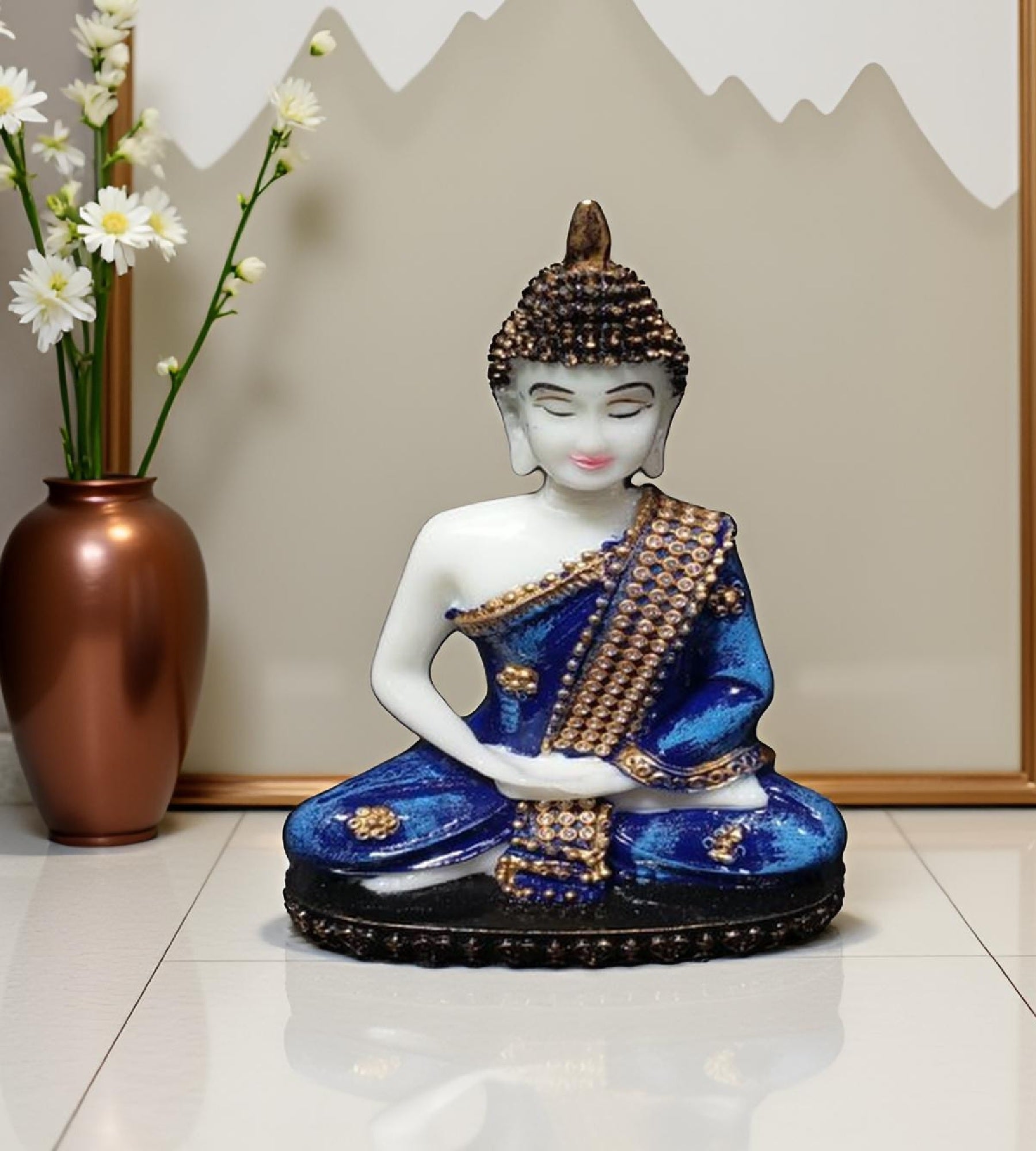 Sigaram 6.5 Inch Blue Meditating Buddha Idol for Home Decorative Showpiece K4894