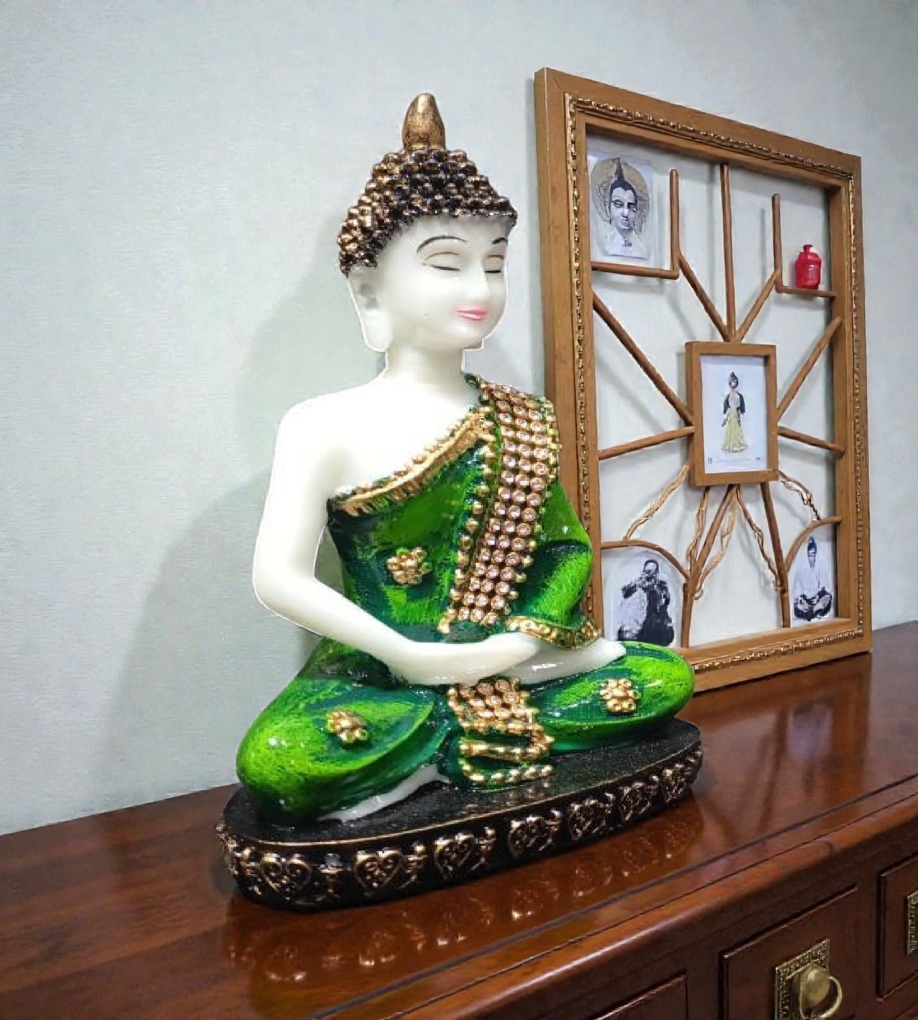 Sigaram 6.5 Inch Green Meditating Buddha Idol for Home Decorative Showpiece K4895