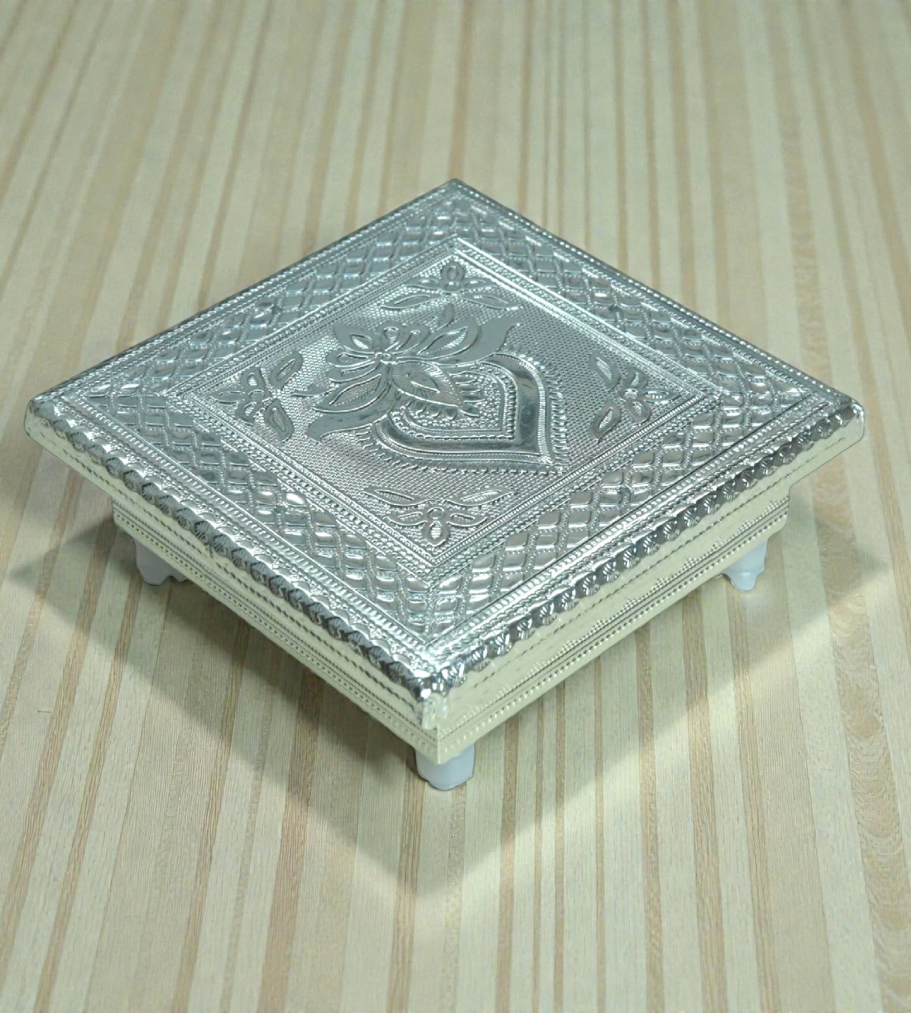 Sigaram 6x6 Inch Silver Plated Wooden Bajot Chowki/Patla for Home Pooja Decor K4931