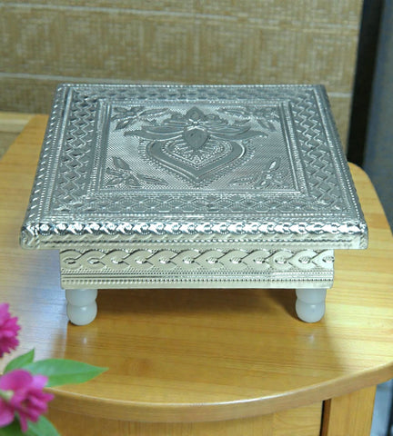 Sigaram 6x6 Inch Silver Plated Wooden Bajot Chowki/Patla for Home Pooja Decor K4931