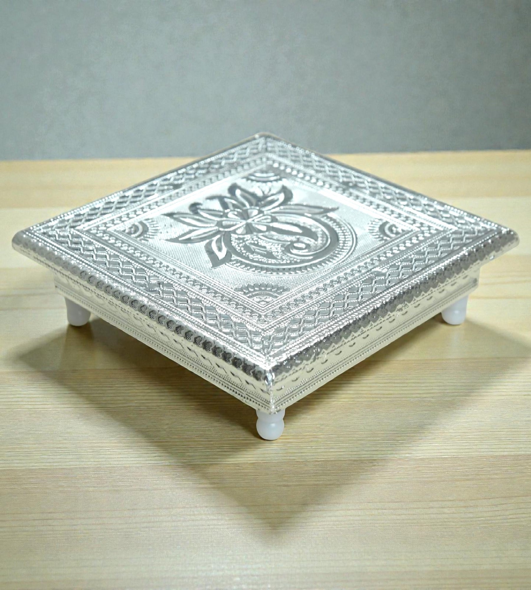 Sigaram 8x8 Inch Silver Plated Wooden Bajot Chowki/Patla for Home Pooja Decor K4932