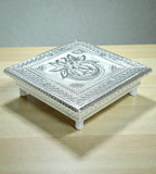 Sigaram 10x10 Inch Silver Plated Wooden Bajot Bush Chowki/Patla for Home Pooja Decor K4933