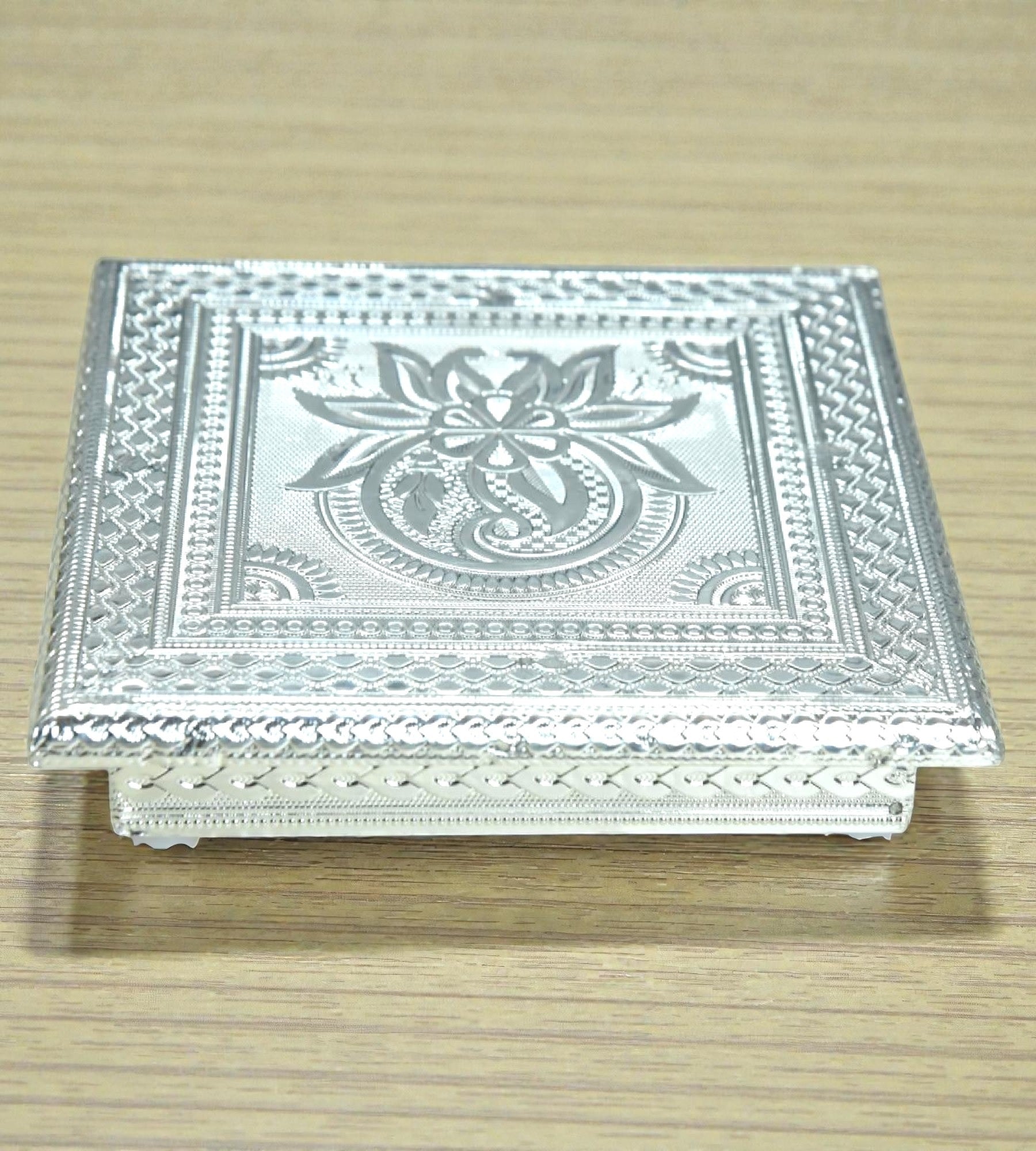 Sigaram 8x8 Inch Silver Plated Wooden Bajot Chowki/Patla for Home Pooja Decor K4932