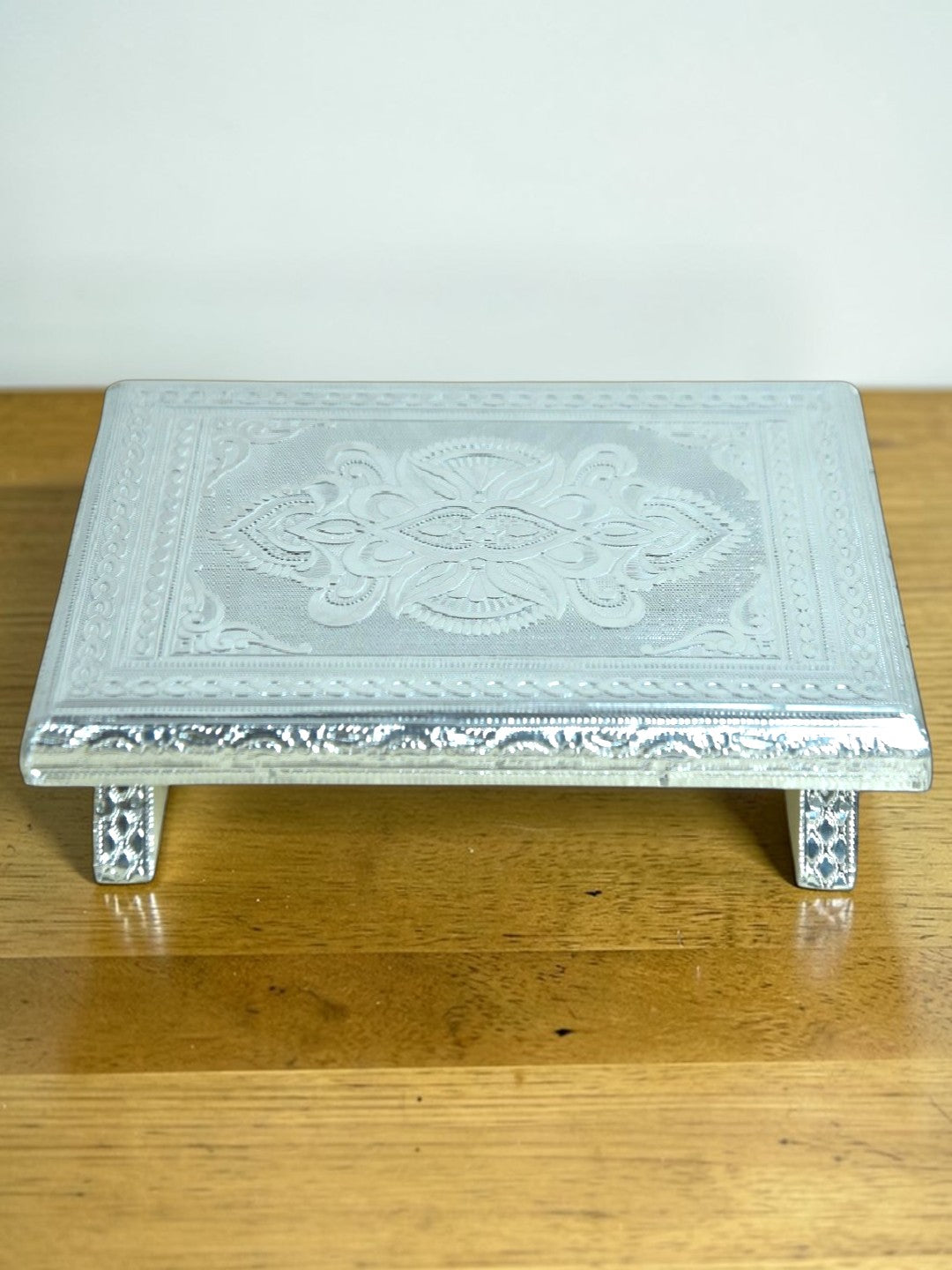 Sigaram 8x12 Inch Silver Plated Wooden Chowki/Patla for Home & Temple Pooja Decor K4935