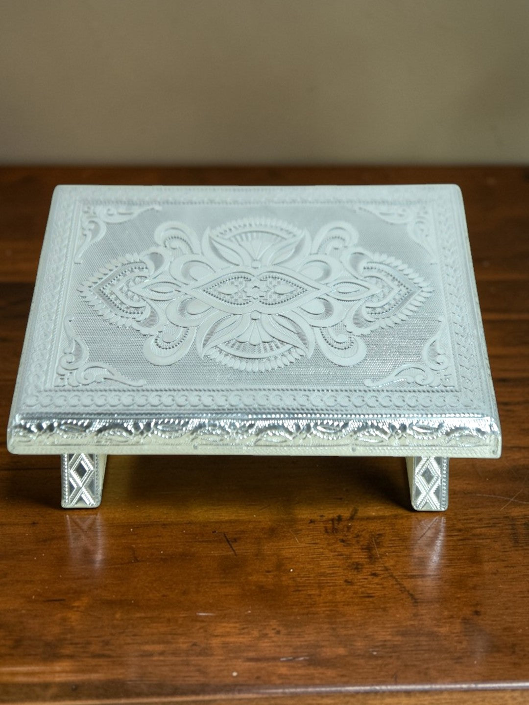 Sigaram 7x10 Inch Silver Plated Wooden Chowki/Patla for Home & Temple Pooja Decor K4936