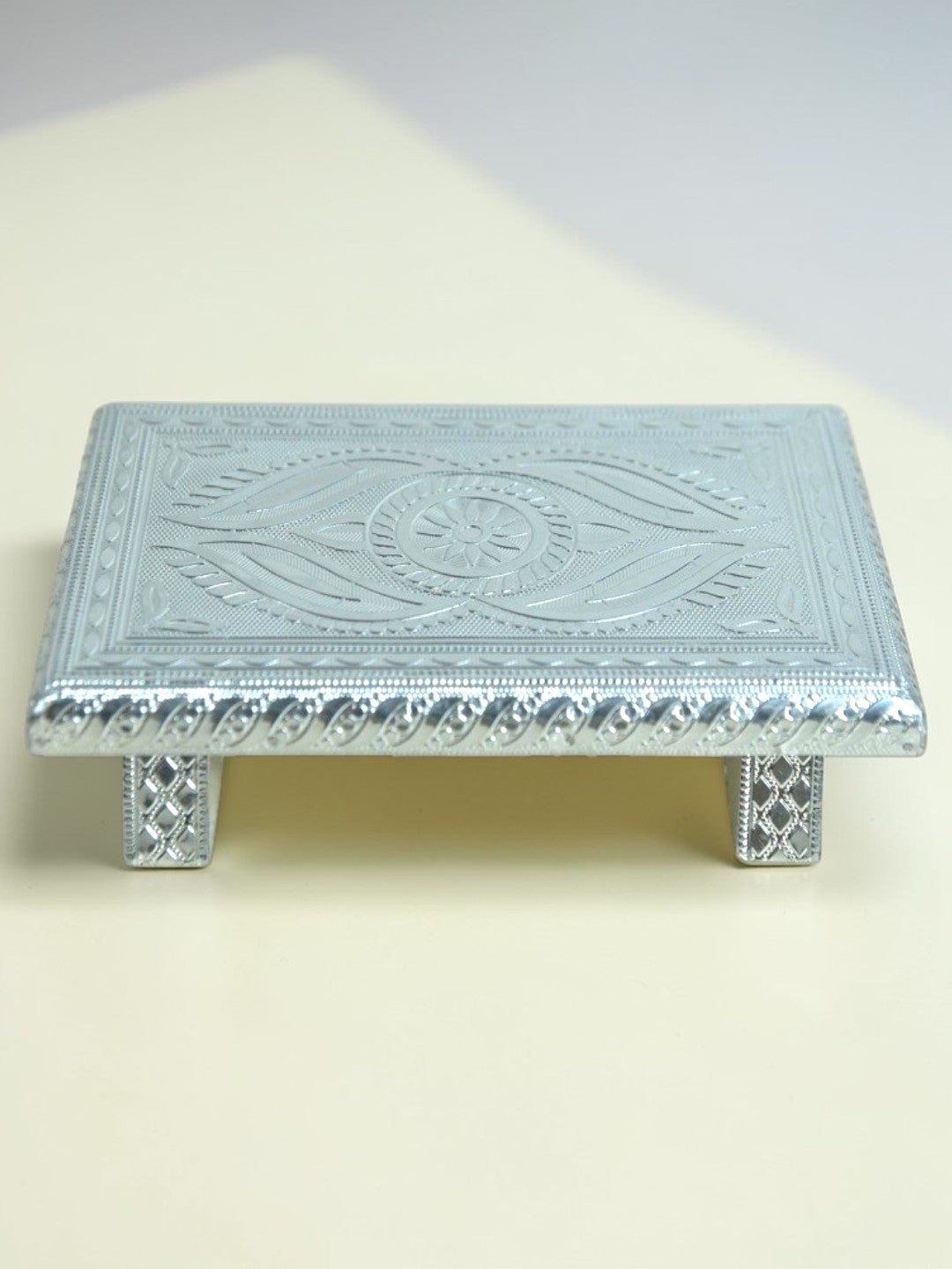 Sigaram 8x5 Inch Silver Plated Wooden Chowki for Home & Temple Pooja Decor K4937