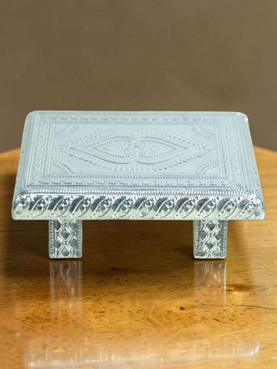 Sigaram 6x4 Inch Silver Plated Wooden Chowki/Patla for Home & Temple Pooja Decor K4938