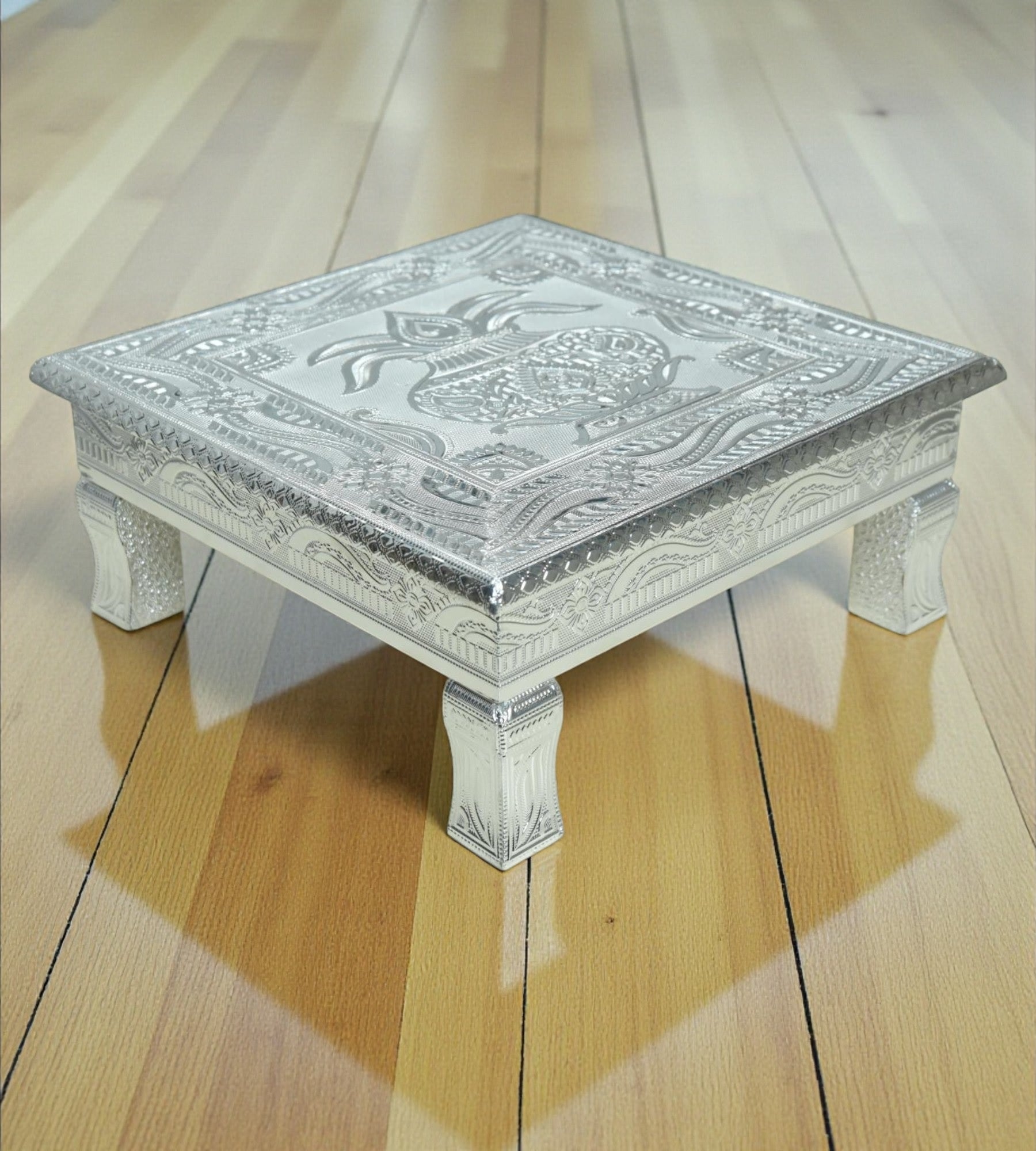 Sigaram 12x12 Inch Silver Plated Wooden Bajot Chowki/Patla for Home Pooja Decor K4939