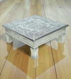 Sigaram 12x12 Inch Silver Plated Wooden Bajot Chowki/Patla for Home Pooja Decor K4939