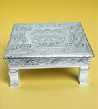 Sigaram 12x12 Inch Silver Plated Wooden Bajot Chowki/Patla for Home Pooja Decor K4939
