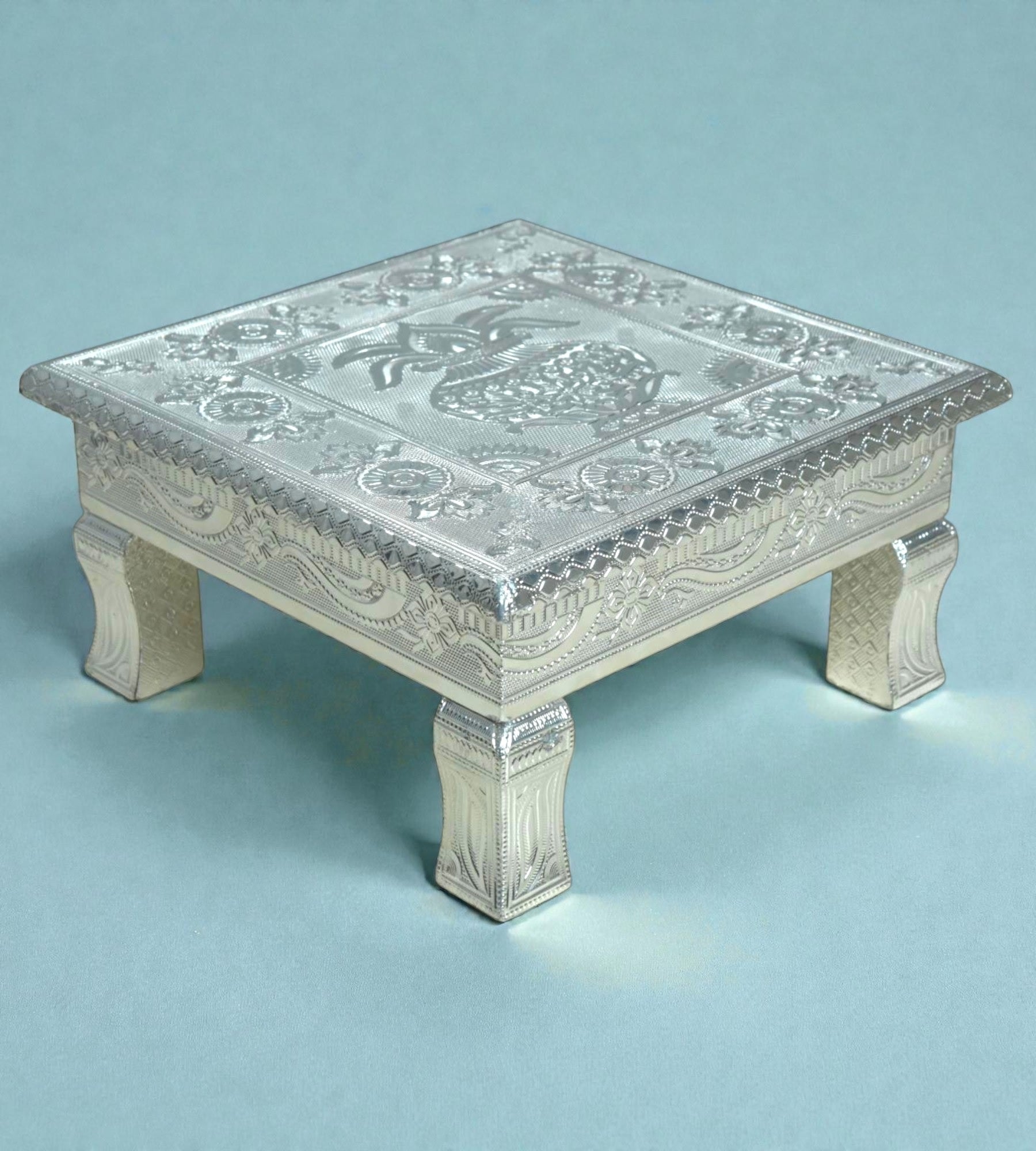 Sigaram 10x10 Inch Silver Plated Wooden Bajot Chowki/Patla for Home Pooja Decor K4940