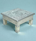Sigaram 10x10 Inch Silver Plated Wooden Bajot Chowki/Patla for Home Pooja Decor K4940