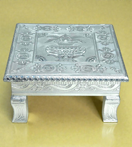 Sigaram 10x10 Inch Silver Plated Wooden Bajot Chowki/Patla for Home Pooja Decor K4940