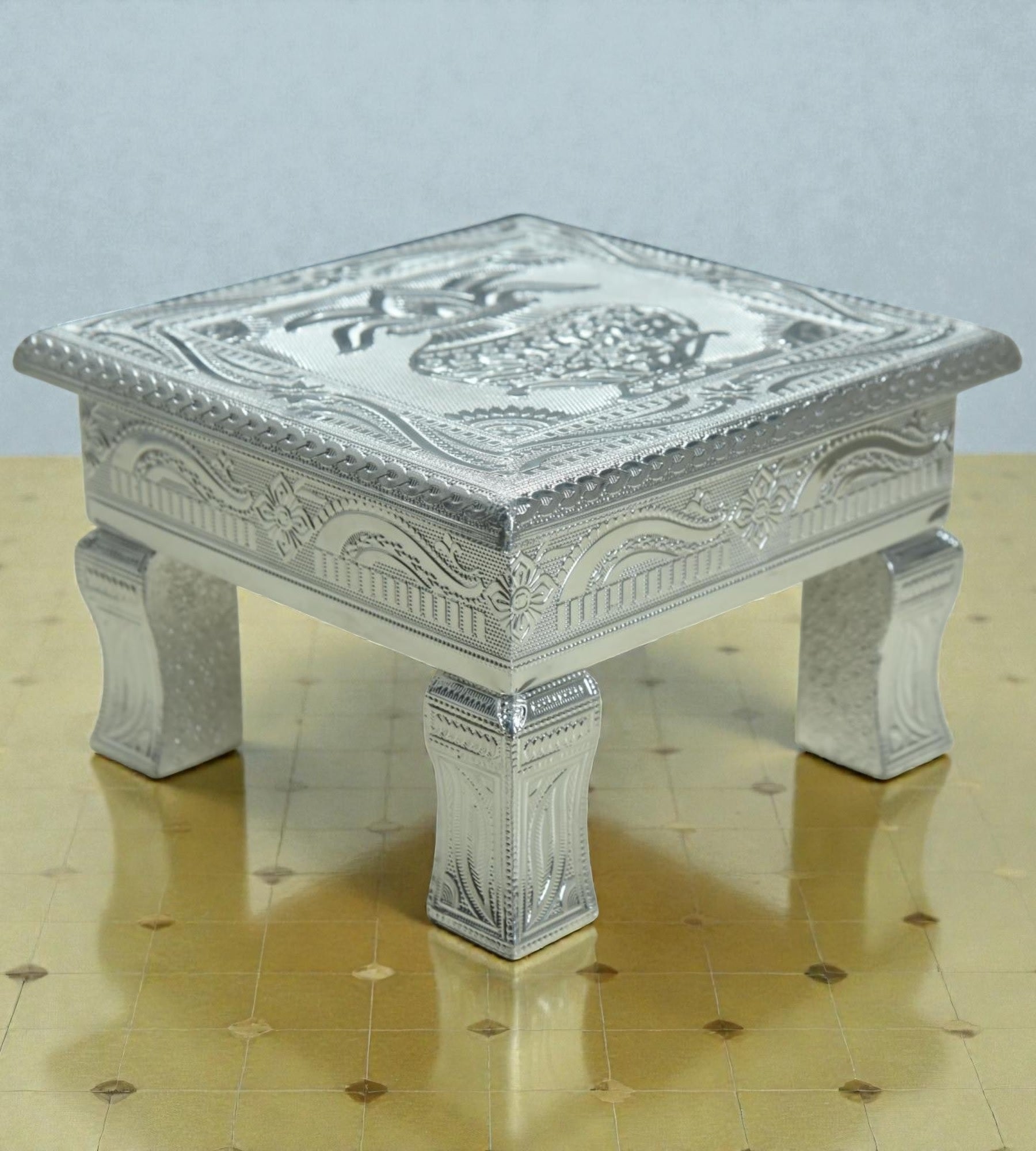 Sigaram 8x8 Inch Silver Plated Wooden Bajot Chowki/Patla for Home Pooja Decor K4941