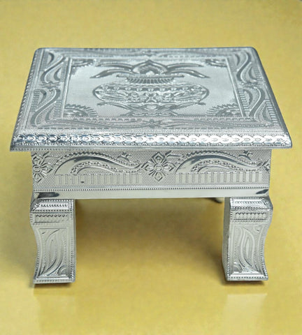 Sigaram 8x8 Inch Silver Plated Wooden Bajot Chowki/Patla for Home Pooja Decor K4941