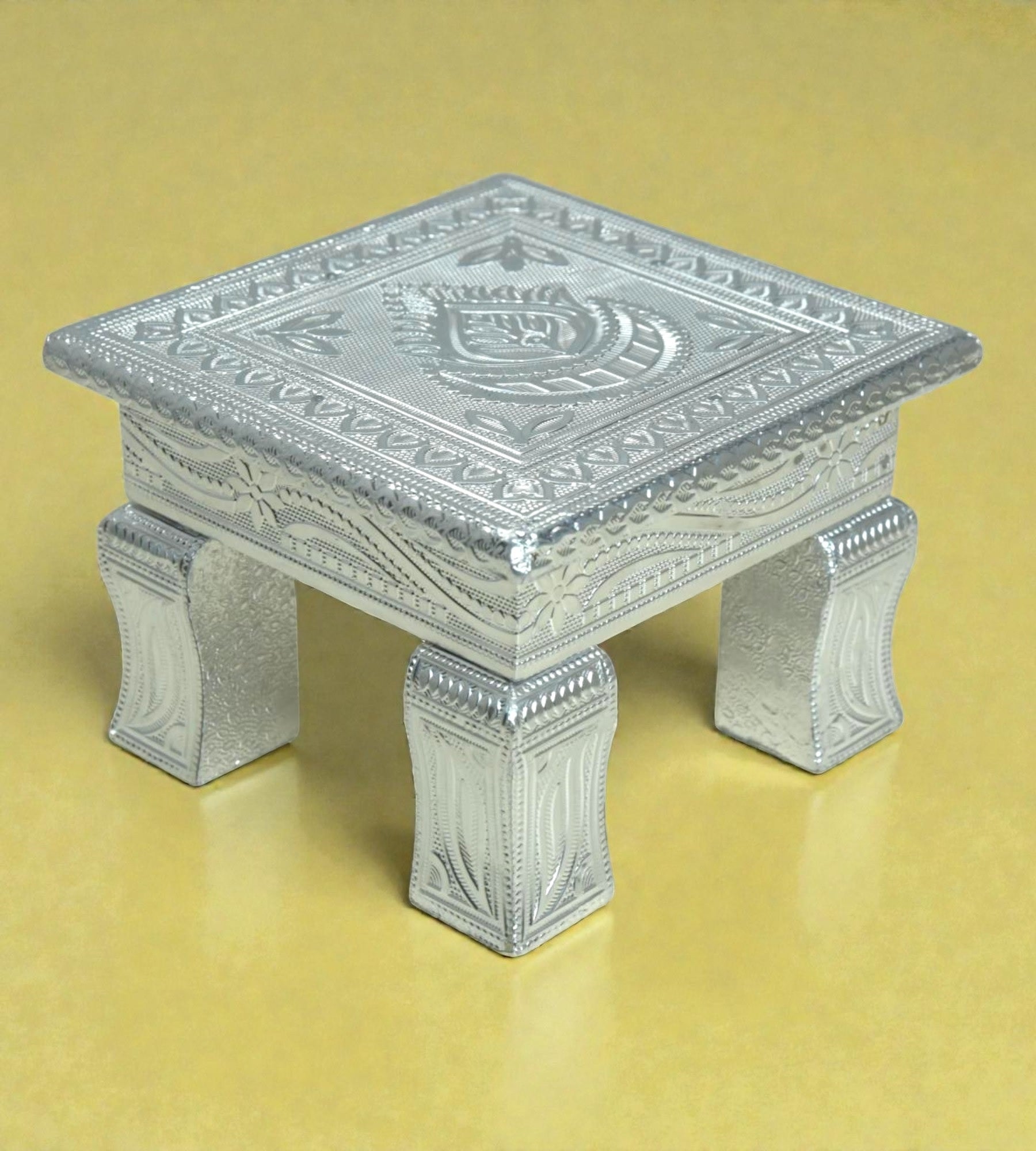 Sigaram 6x6 Inch Silver Plated Wooden Bajot Chowki/Patla for Home Pooja Decor K4942