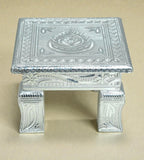 Sigaram 6x6 Inch Silver Plated Wooden Bajot Chowki/Patla for Home Pooja Decor K4942