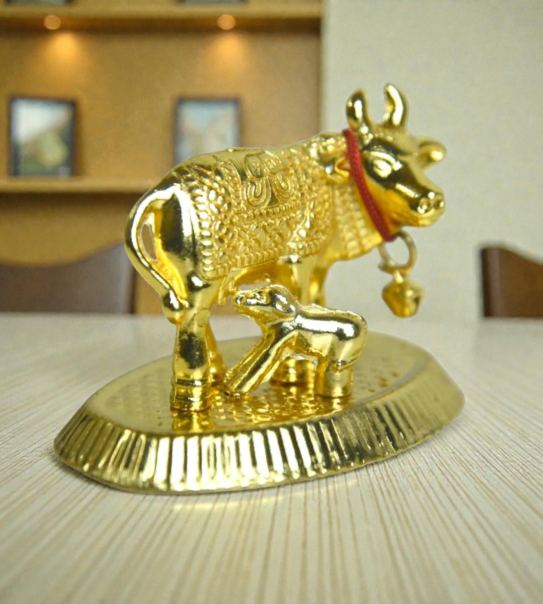 Sigaram 2 Inch Gold Plated Cow & Calf Idol for Home Decor & Decorative Showpiece K4952