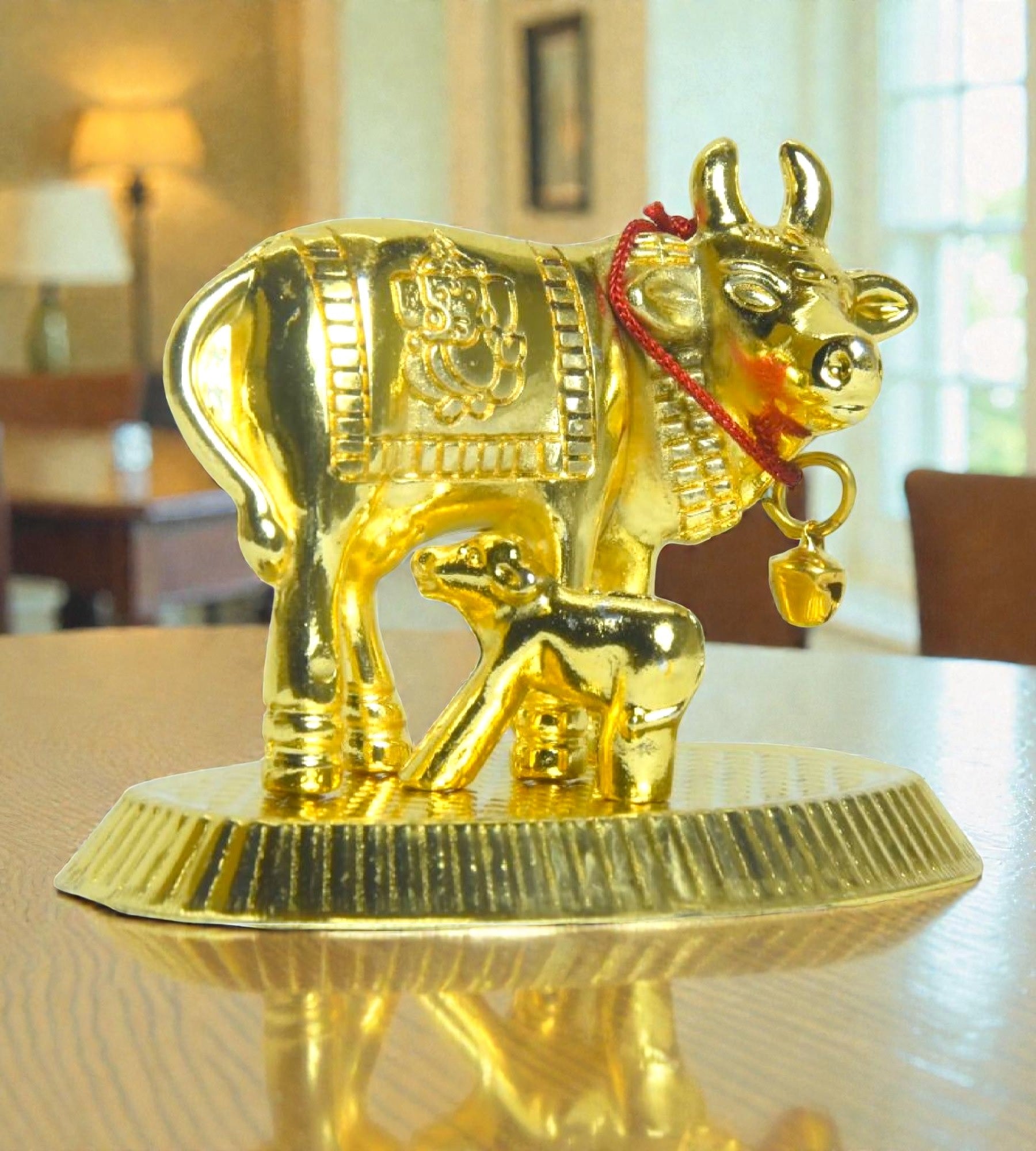 Sigaram 2.5 Inch Gold Plated Cow & Calf for Home, Temple & Decorative Showpiece K4954