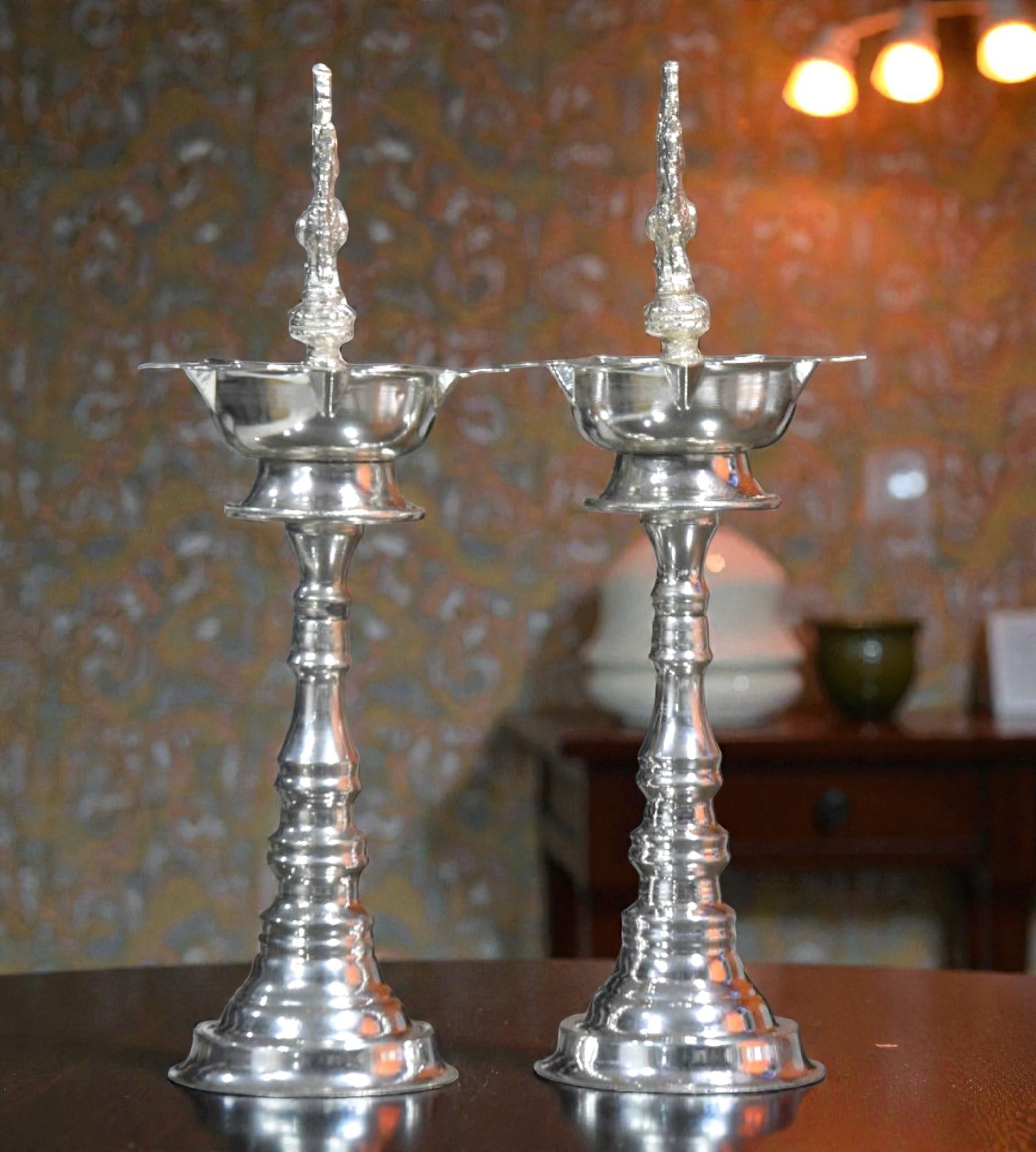 Sigaram 12 Inch German Silver Peacock Handle Diya for Home Pooja Decor K4959