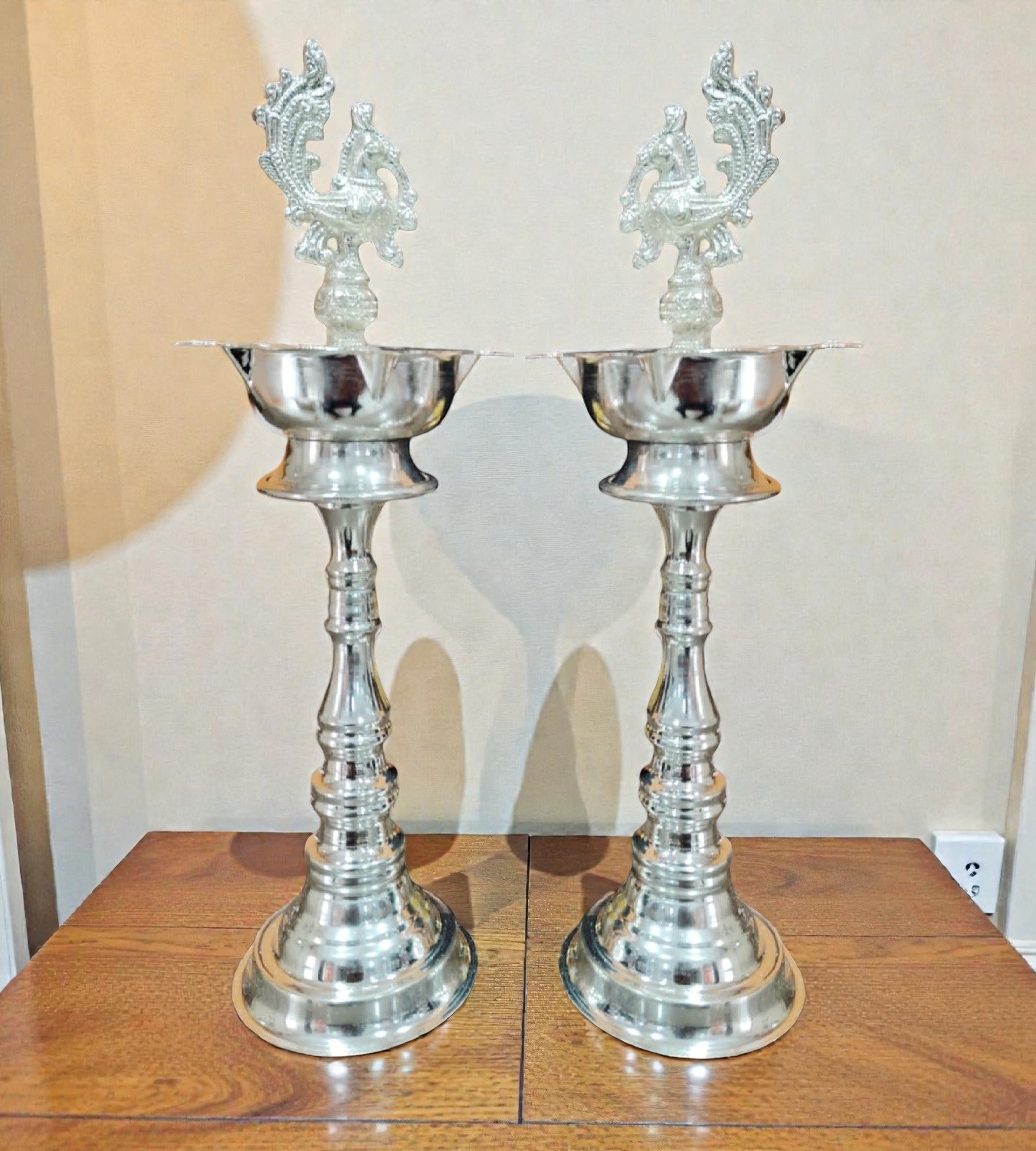 Sigaram 12 Inch German Silver Peacock Handle Diya for Home Pooja Decor K4959