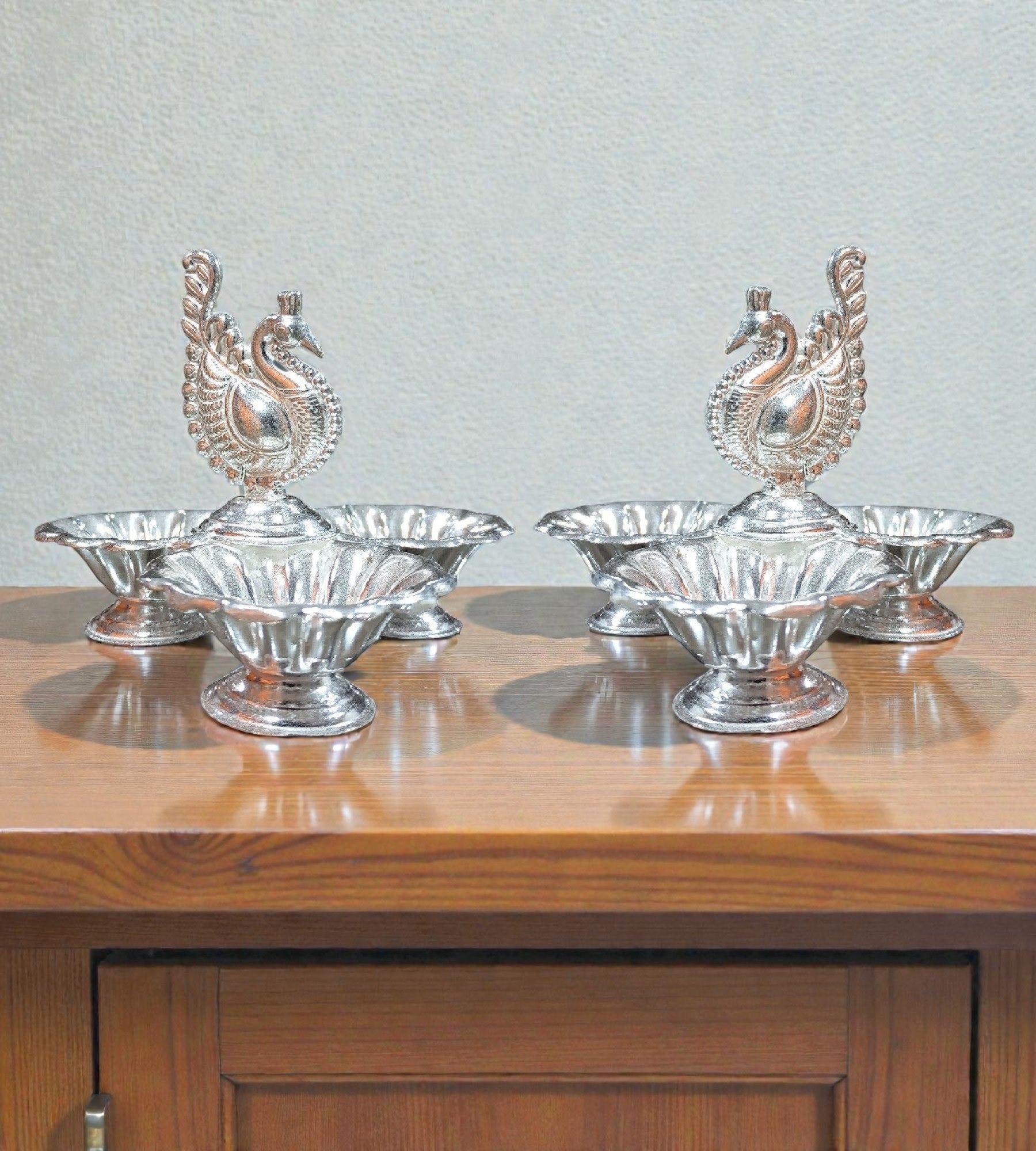 Sigaram 3.5 Inch Silver Plated Peacock Handle 3Cup Panchwala for Home Pooja Decor K4960