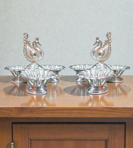 Sigaram 3.5 Inch Silver Plated Peacock Handle 3Cup Panchwala for Home Pooja Decor K4960