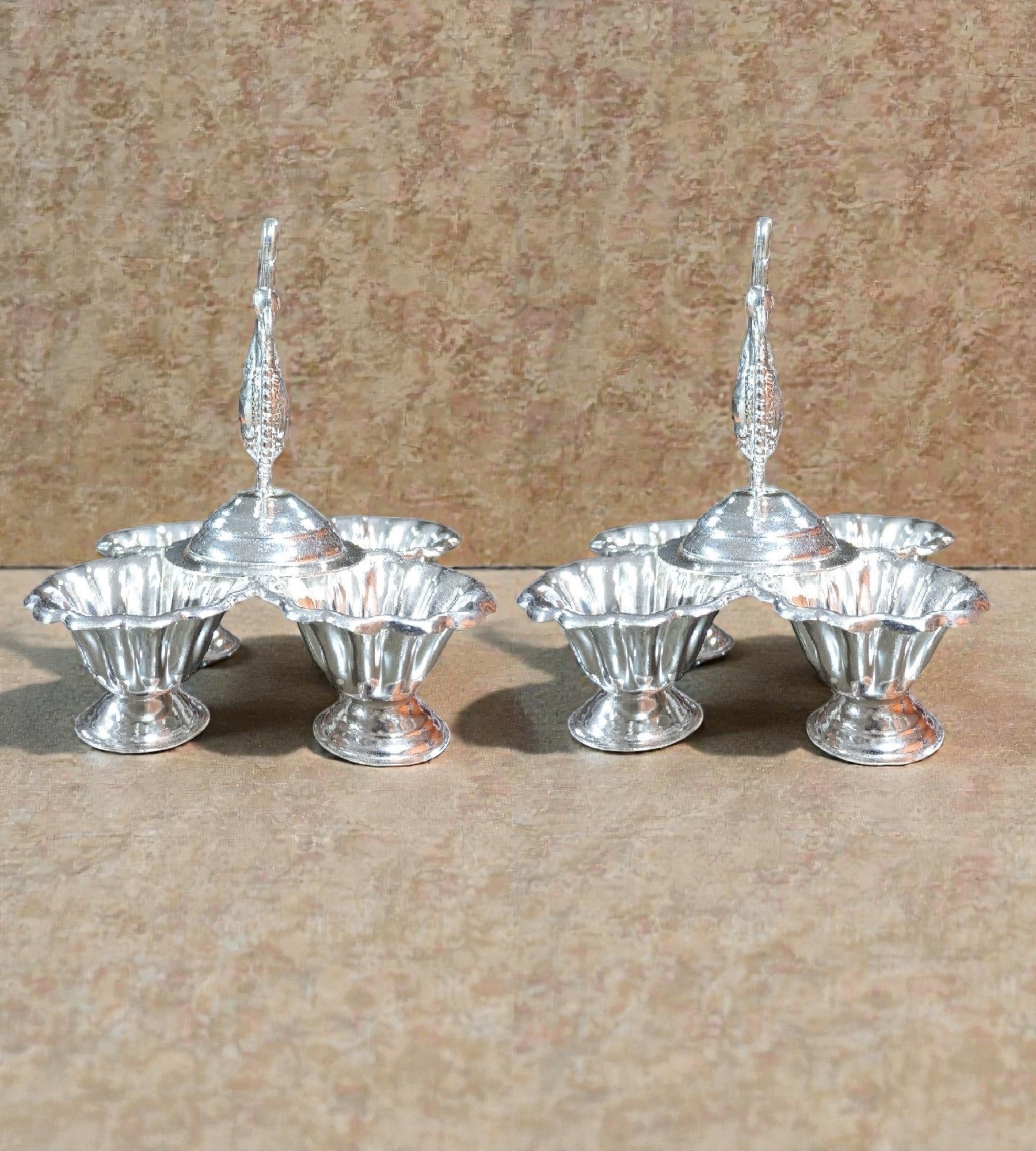 Sigaram 3.5 Inch Silver Plated Peacock Handle 4Cup Panchwala for Home Pooja Decor K4961