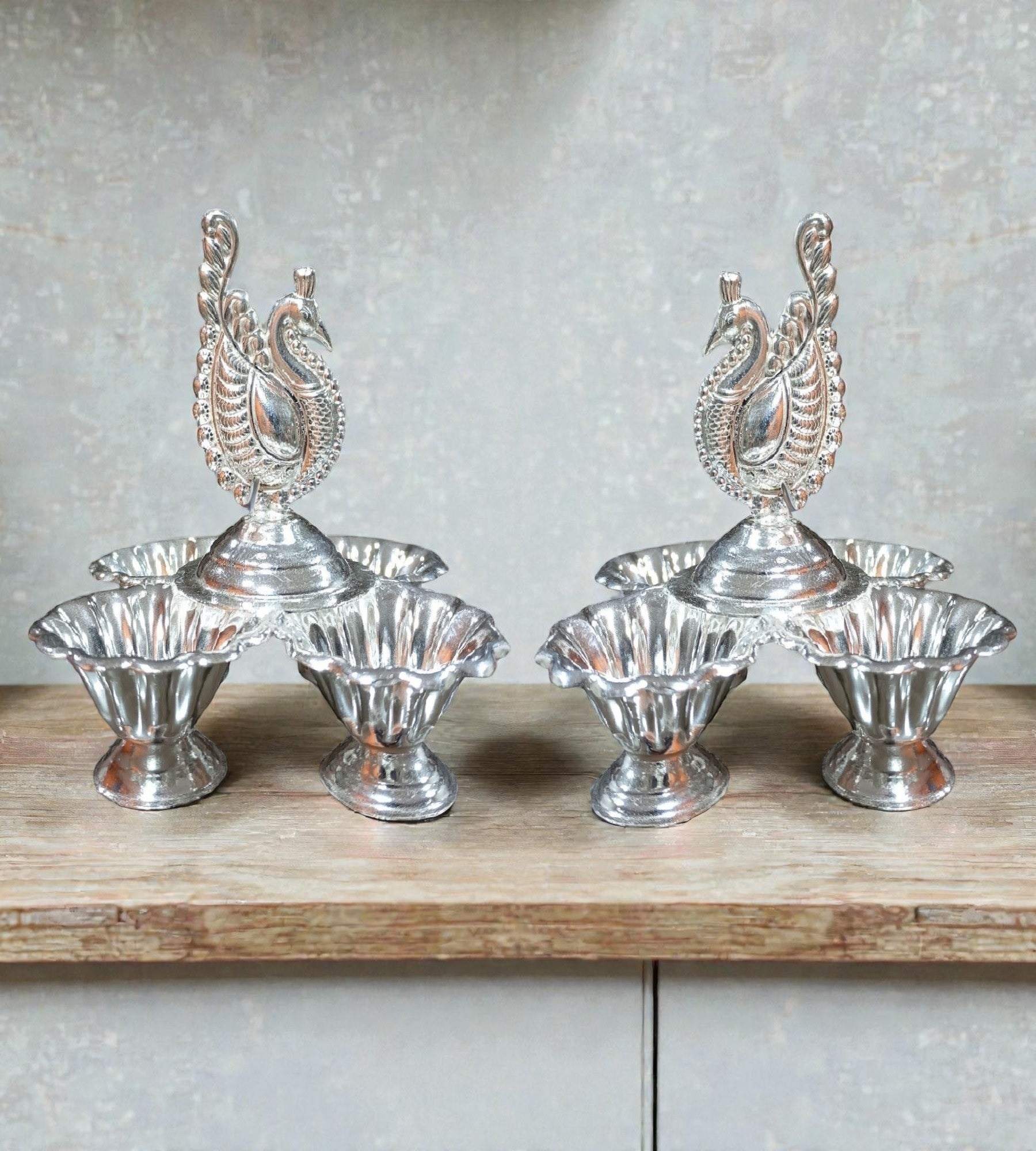 Sigaram 3.5 Inch Silver Plated Peacock Handle 4Cup Panchwala for Home Pooja Decor K4961