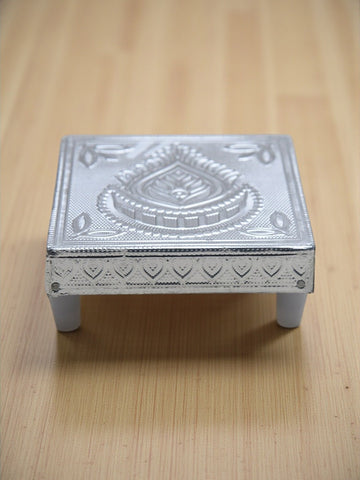 Sigaram 4x4 Inch Wooden Silver Plated Patiya/Chowki for Home & Temple Pooja Decor K5182