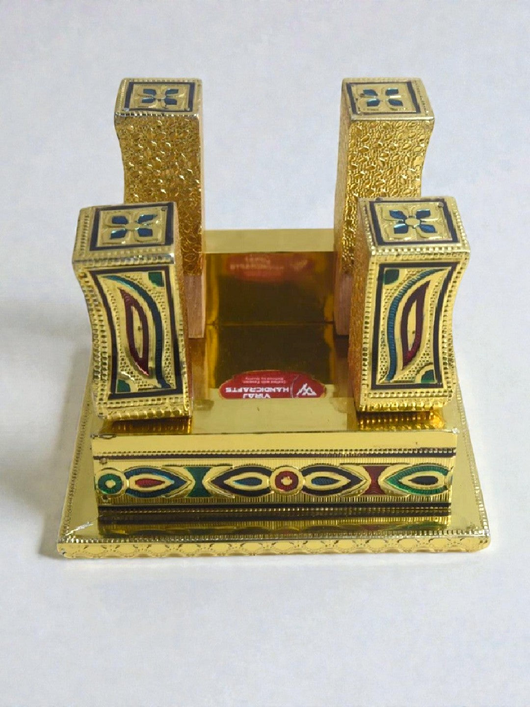 Sigaram 6x6 Inch Gold Plated Wooden Bajot Chowki for Home & Temple Pooja Decor K5190