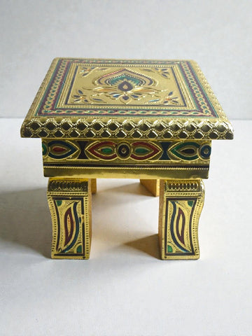 Sigaram 6x6 Inch Gold Plated Wooden Bajot Chowki for Home & Temple Pooja Decor K5190