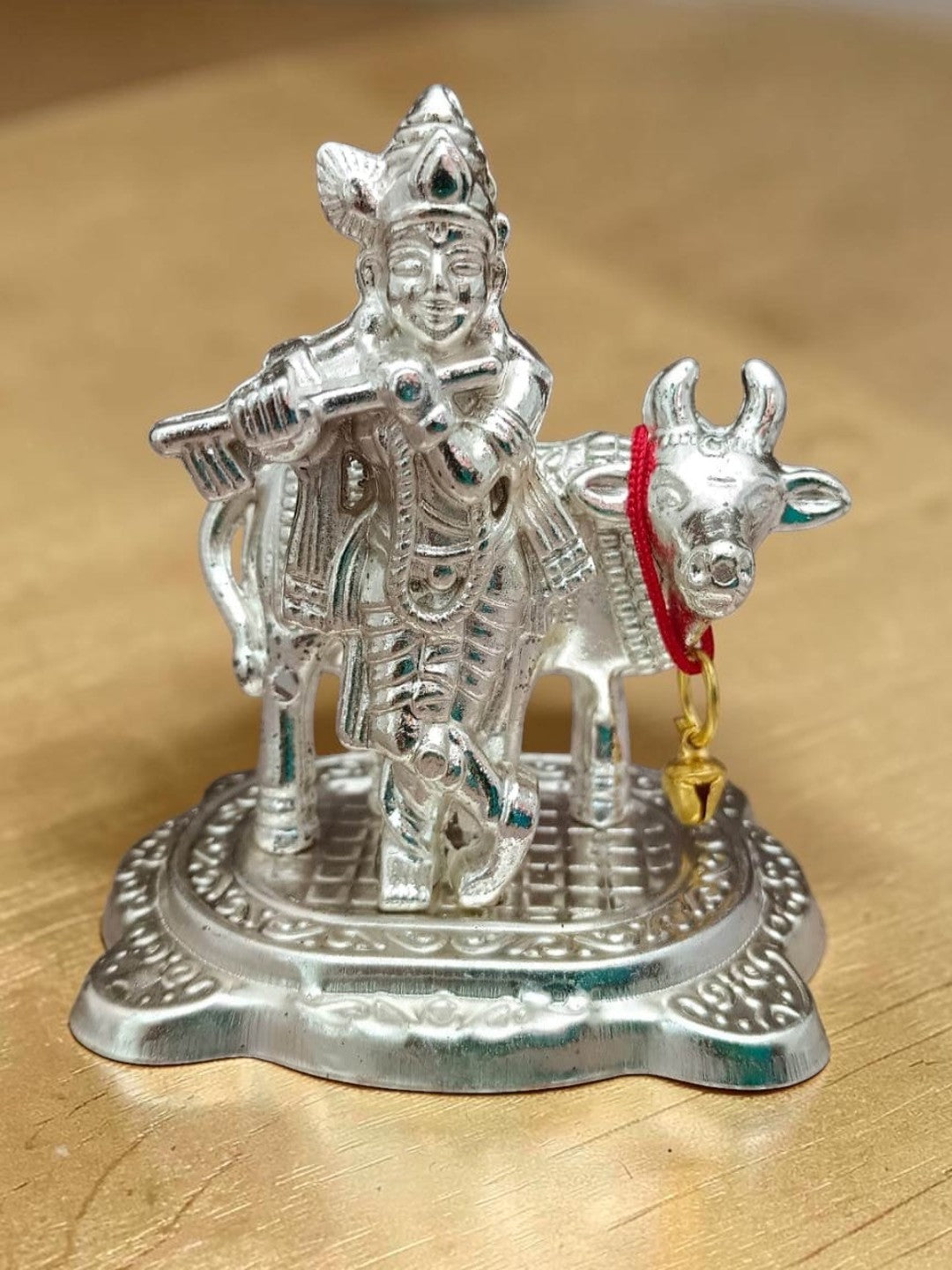Sigaram 3 Inch Silver Plated Krishna Idol with Cow & Calf For Housewarming Gift K5223