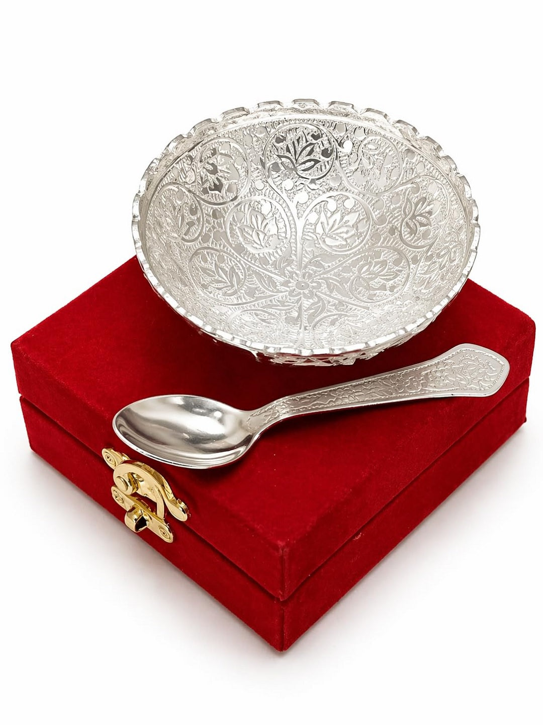Sigaram Silver Plated Bowl with Spoon in Red Velvet Gift Box For Housewarming Gift K5224