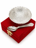 Sigaram Silver Plated Bowl with Spoon in Red Velvet Gift Box For Housewarming Gift K5224