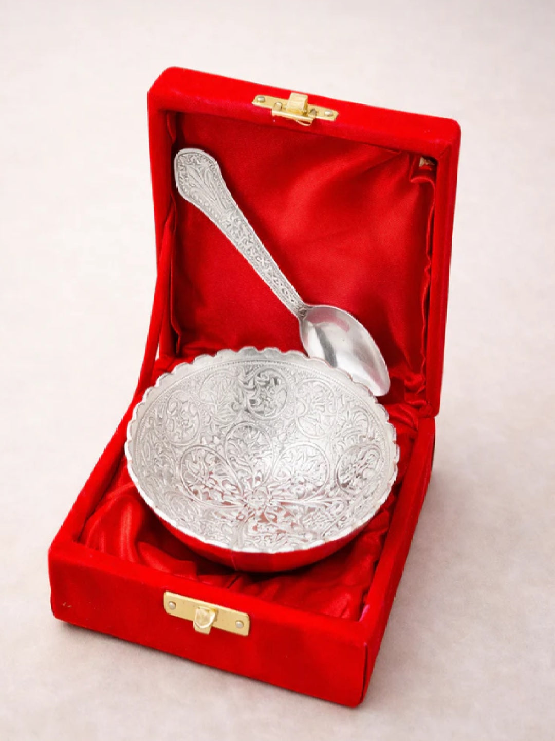 Sigaram Silver Plated Bowl with Spoon in Red Velvet Gift Box For Housewarming Gift K5224