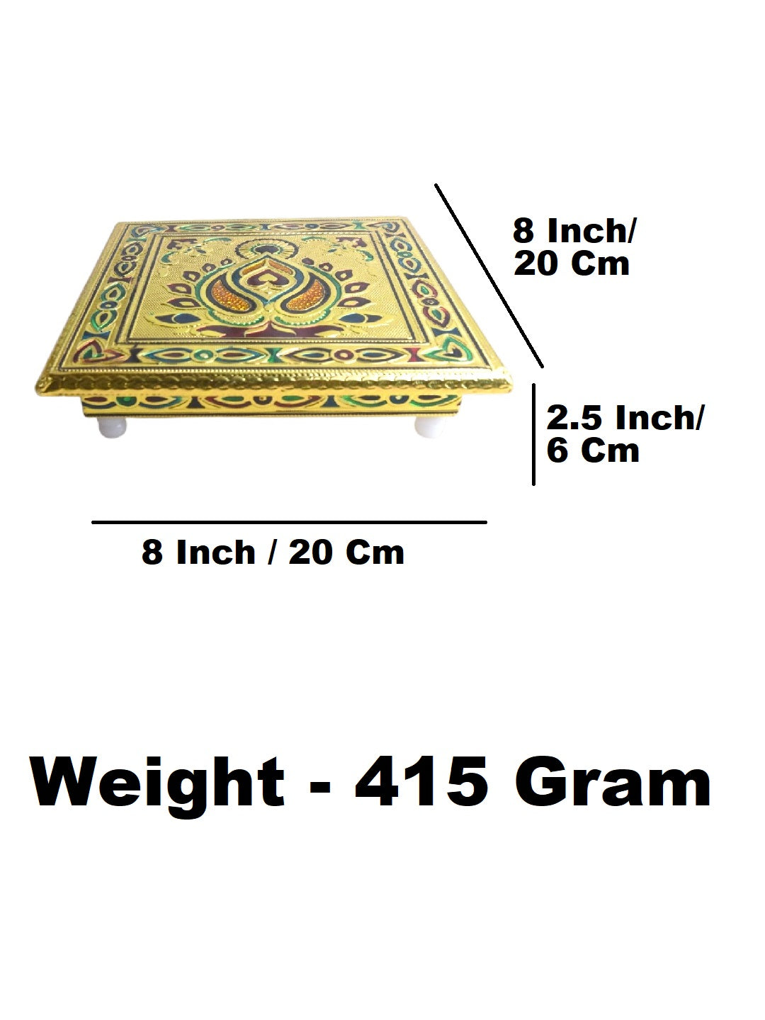 Sigaram 8x8 Inch Gold Plated Wooden Bajot/Chowki for Home Pooja Decor K5234