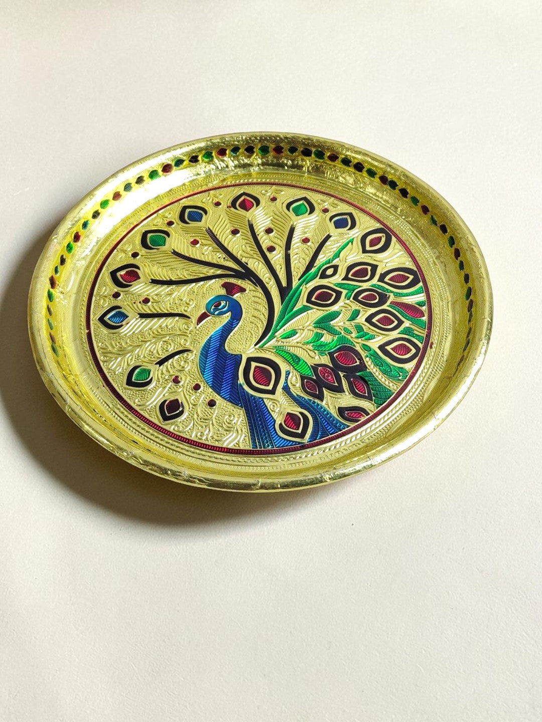 Sigaram 7 Inch Gold Peacock Design Steel Pooja Thali Plate for Wedding Functions K5251