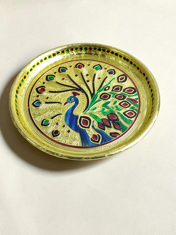 Sigaram 7 Inch Gold Peacock Design Steel Pooja Thali Plate for Wedding Functions K5251