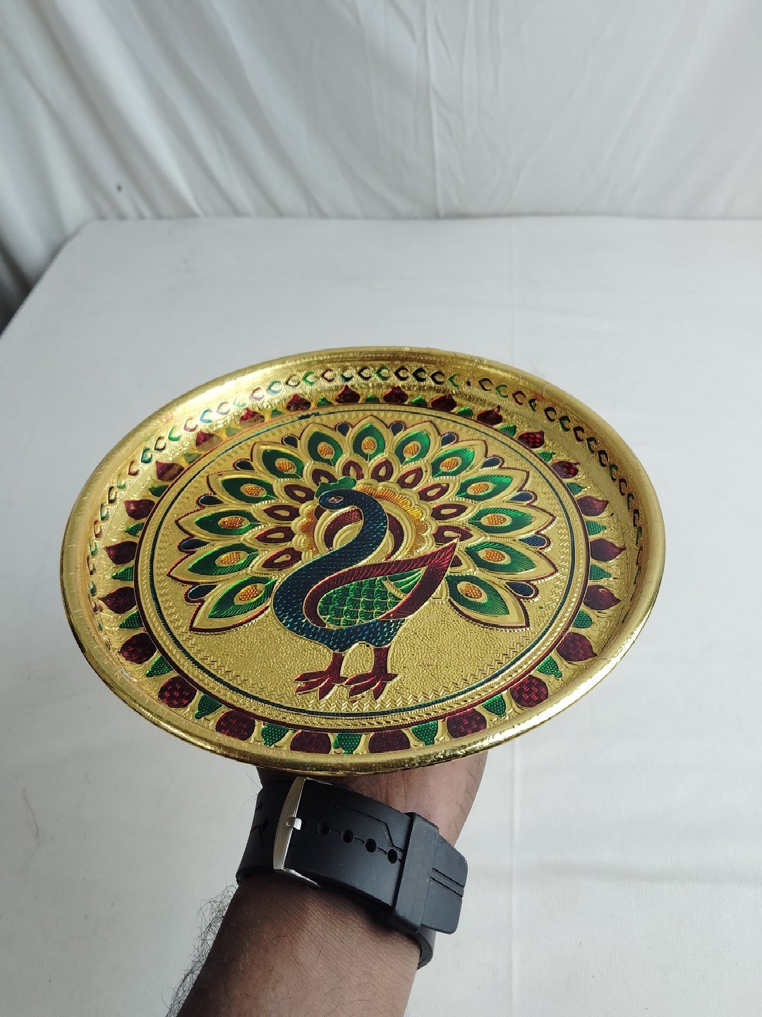 Sigaram 9 Inch Gold Peacock Design Steel Pooja Thali Plate for Wedding Functions K5252
