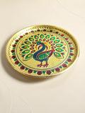 Sigaram 9 Inch Gold Peacock Design Steel Pooja Thali Plate for Wedding Functions K5252