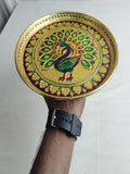 Sigaram 10 Inch Gold Peacock Design Steel Pooja Thali Plate for Wedding Functions K5253