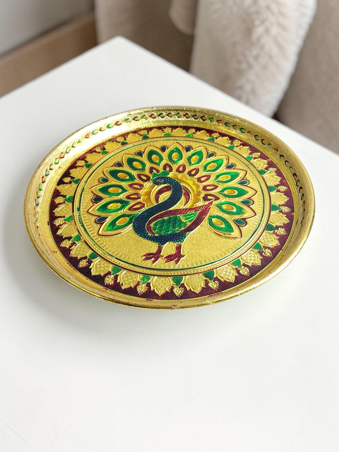 Sigaram 10 Inch Gold Peacock Design Steel Pooja Thali Plate for Wedding Functions K5253