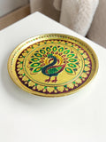 Sigaram 10 Inch Gold Peacock Design Steel Pooja Thali Plate for Wedding Functions K5253