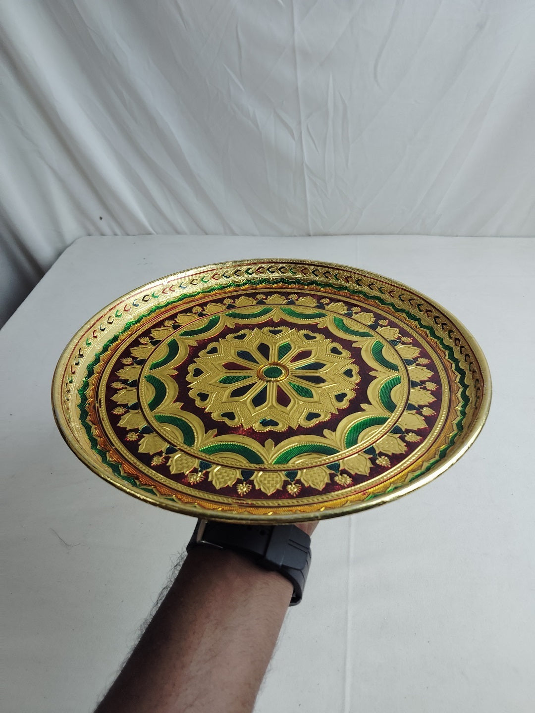 Sigaram 11 Inch Gold Peacock Design Steel Pooja Thali Plate for Wedding Functions K5254