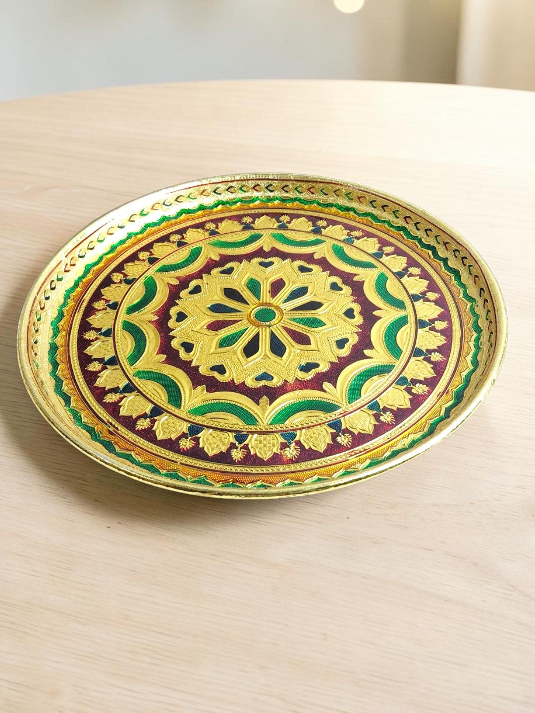 Sigaram 11 Inch Gold Peacock Design Steel Pooja Thali Plate for Wedding Functions K5254