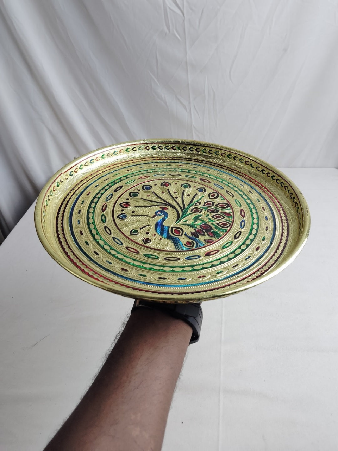Sigaram 12 Inch Gold Color Peacock Design Steel Pooja Thali Plate for Home Puja & Wedding Functions K5255