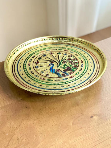 Sigaram 12 Inch Gold Color Peacock Design Steel Pooja Thali Plate for Home Puja & Wedding Functions K5255