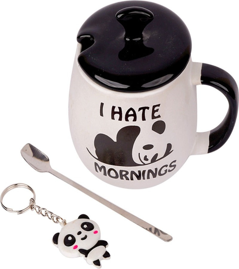 Ceramic Panda Mug with LID, Spoon and Beautiful Keychain(Lazy Panda) (Set of 1)